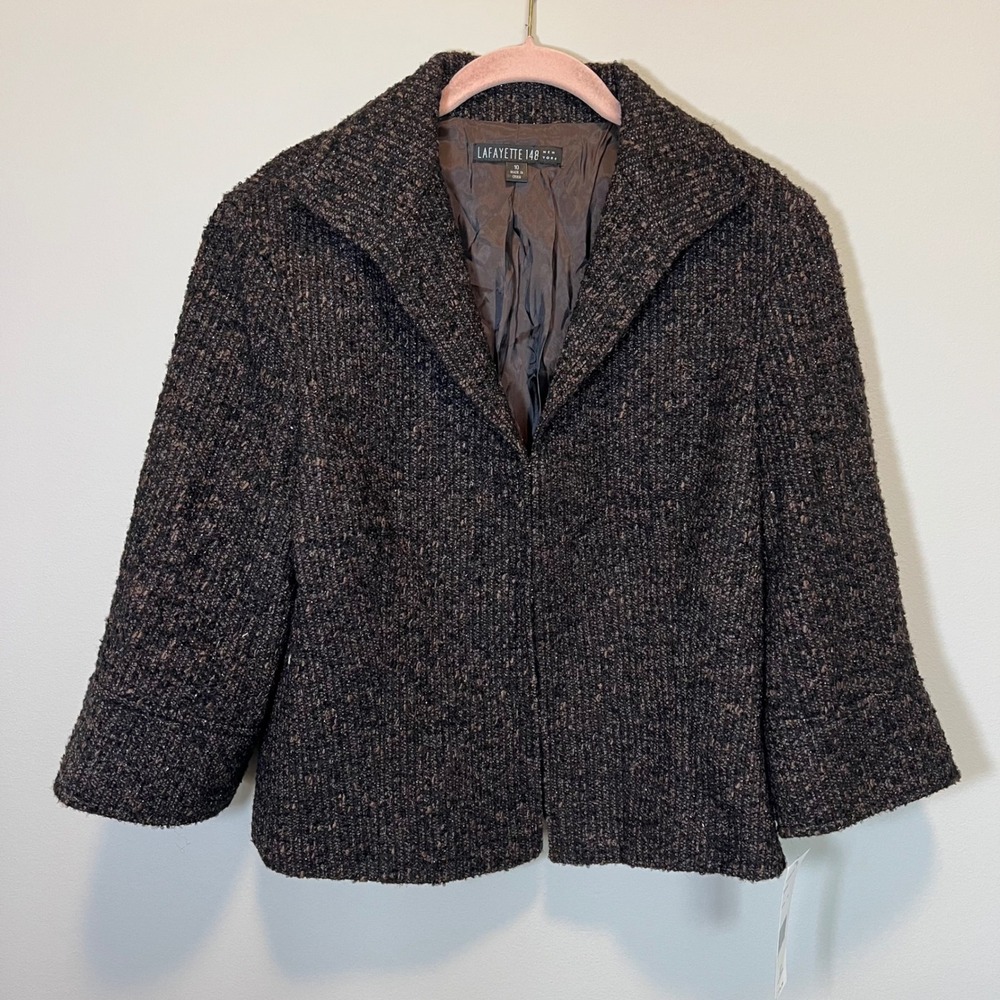 Lafayette 148 New York Espresso Brown Wool Blend Boucle Tweed Jacket 10 NWT